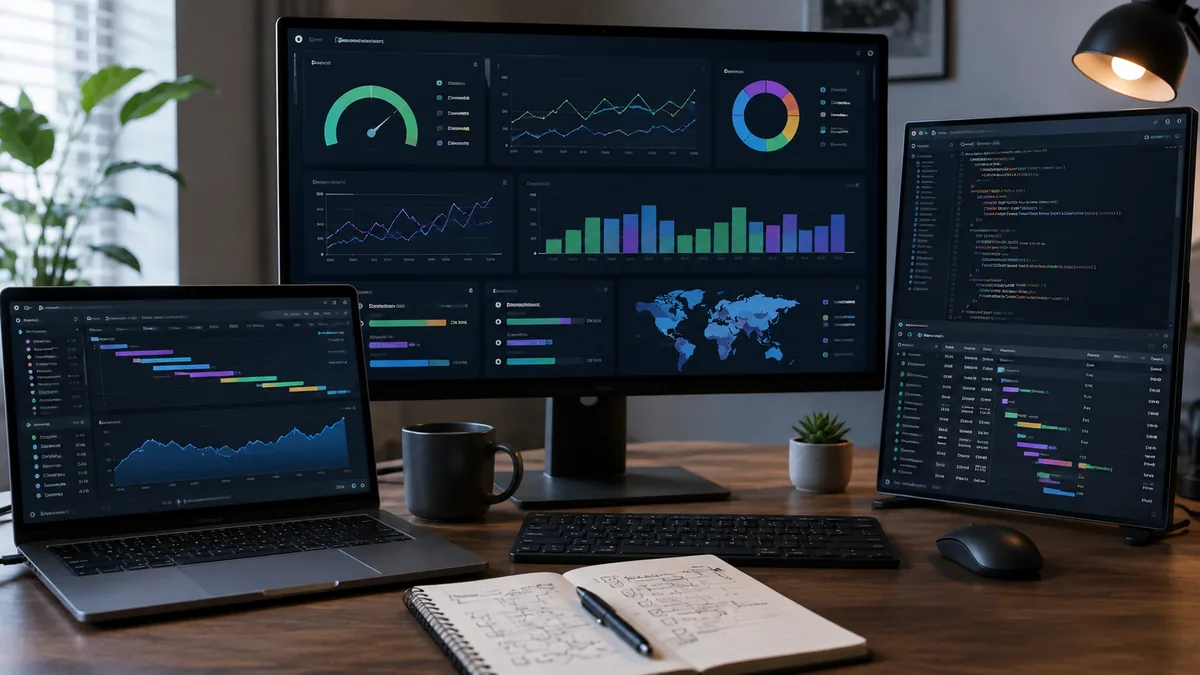 Website performance audit scene with analytics graphs, server monitoring and browser developer tools on multiple screens, no text, no logos or copyrighted brands