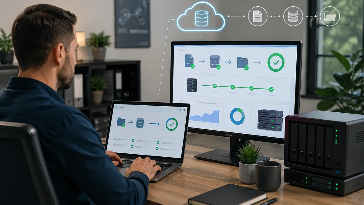 Website administrator testing backup restoration on staging server with database and file recovery workflow, no text, no logos or copyrighted brands
