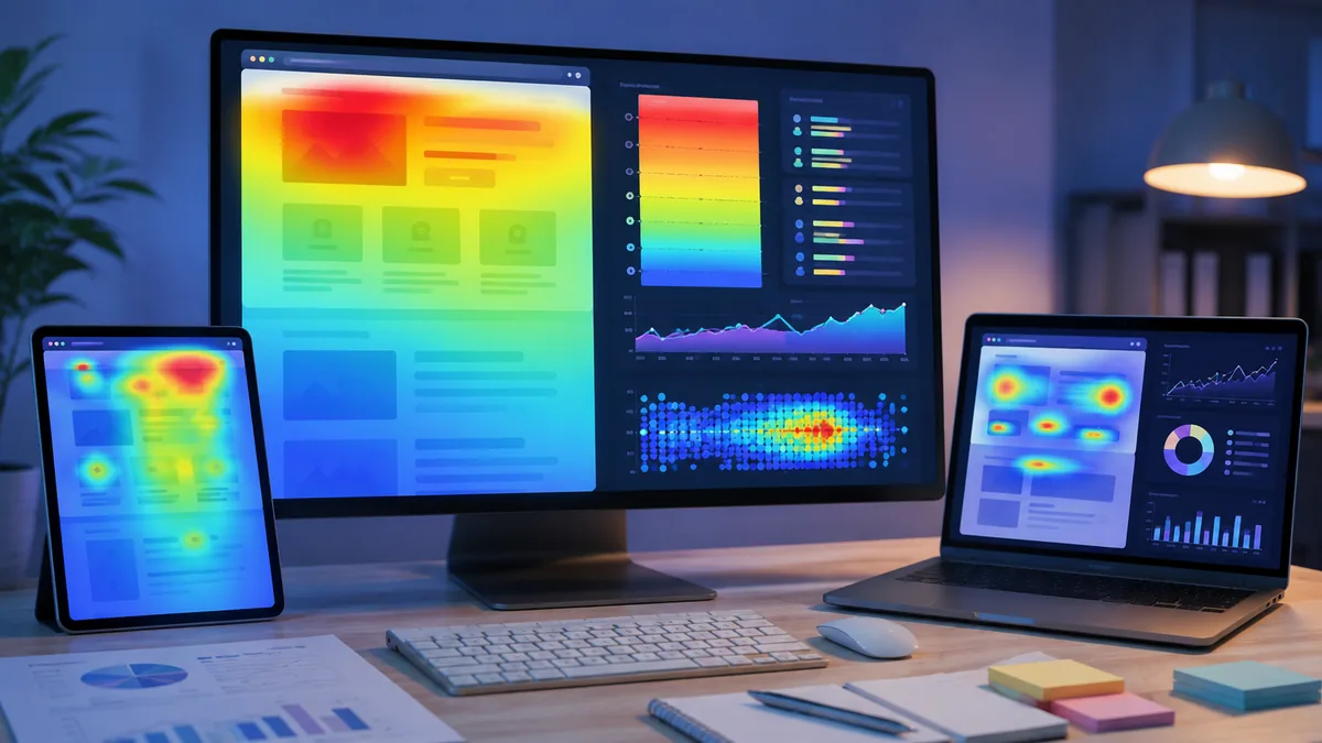 Abstract website usability analysis scene with scroll depth visualization, interface blocks and interaction data on multiple screens, no text, no characters, no logos or copyrighted brands