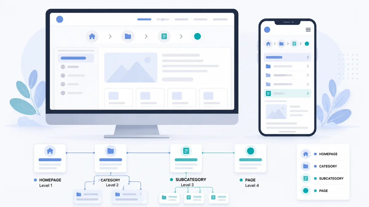 Minimal desktop and mobile website layouts illustrating hierarchical navigation structure, no text, no logos or copyrighted brands