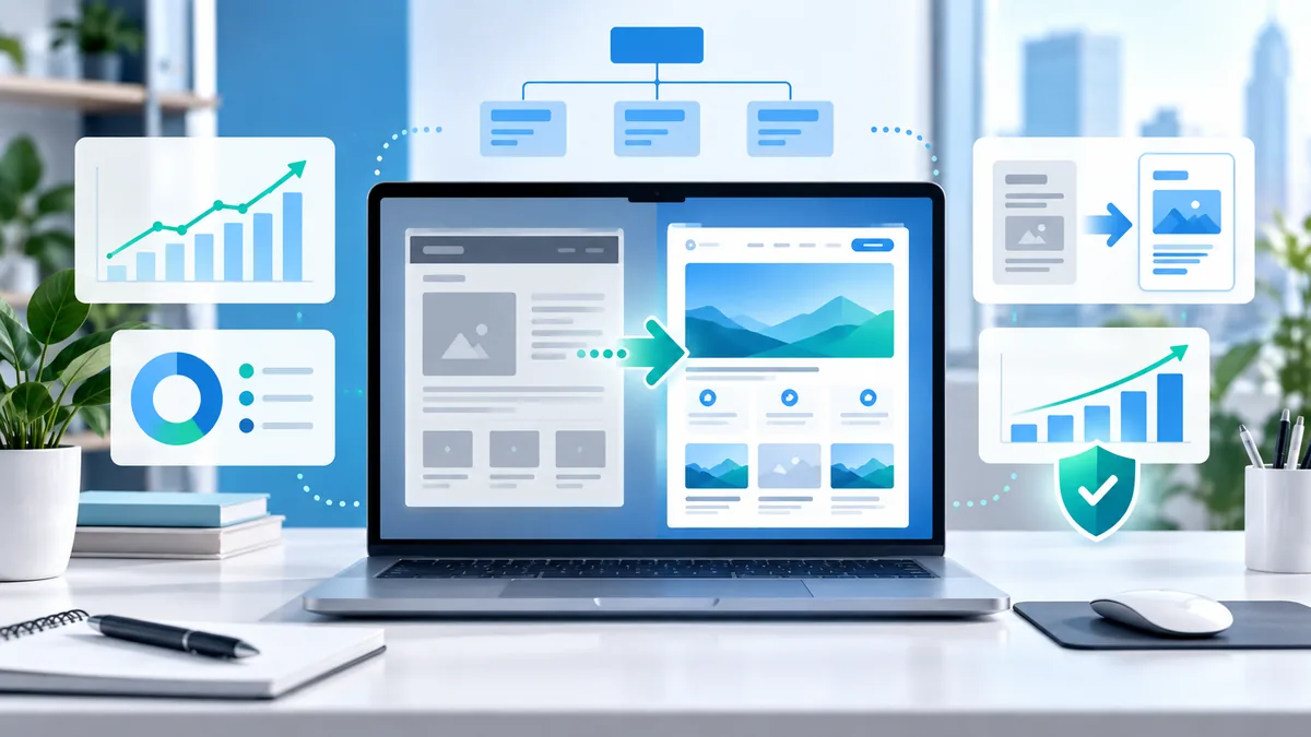 Website redesign workspace comparing old and new site structure with analytics screens, no text, no characters, no logos or copyrighted brands