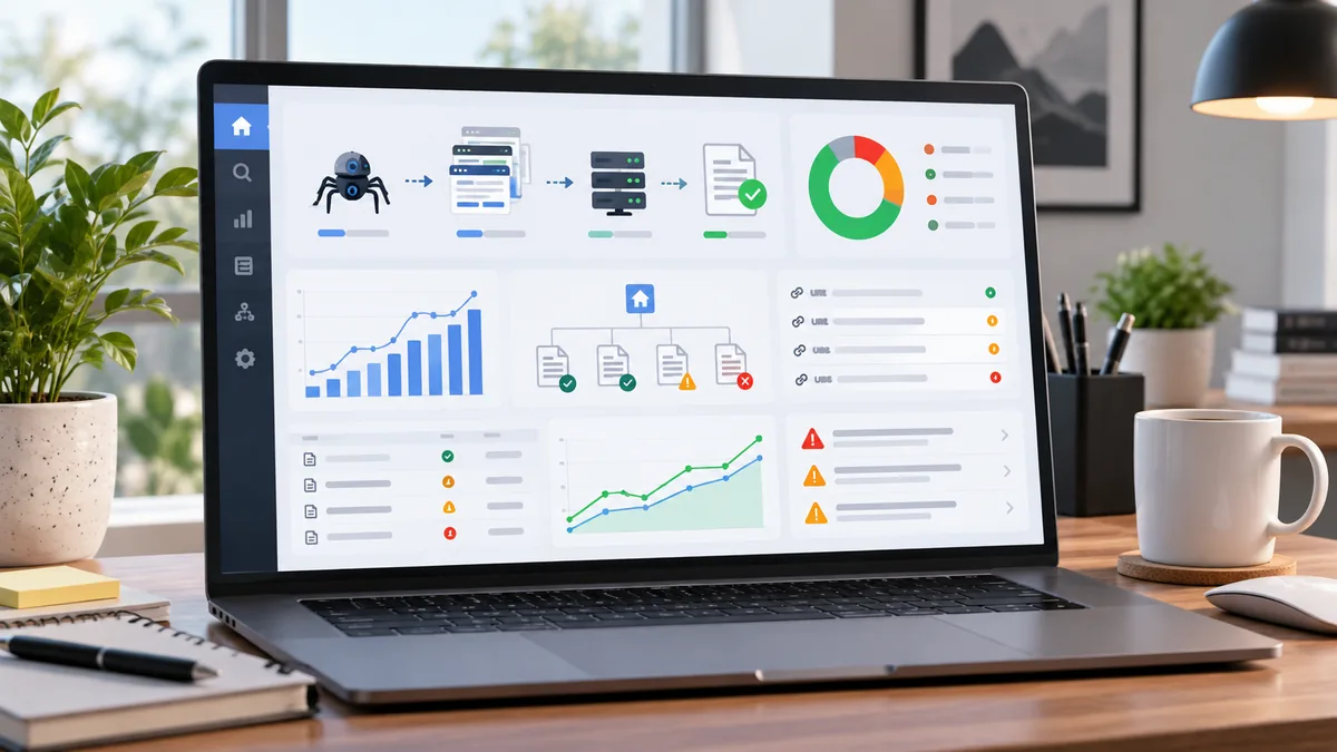 Website SEO diagnostic dashboard with crawling and indexing workflow on a clean computer workspace, no text, no characters, no logos or copyrighted brands