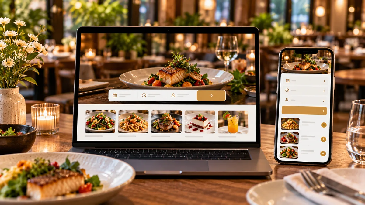 Modern restaurant website booking and online ordering interface displayed on laptop and smartphone in a warm dining atmosphere, no text, no characters, no logos or copyrighted brands