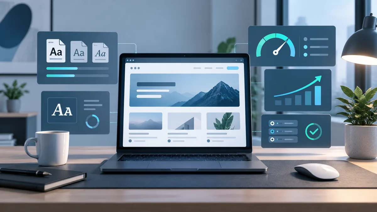 Modern web performance workspace showing typography loading and speed optimization concept, no text, no characters, no logos or copyrighted brands