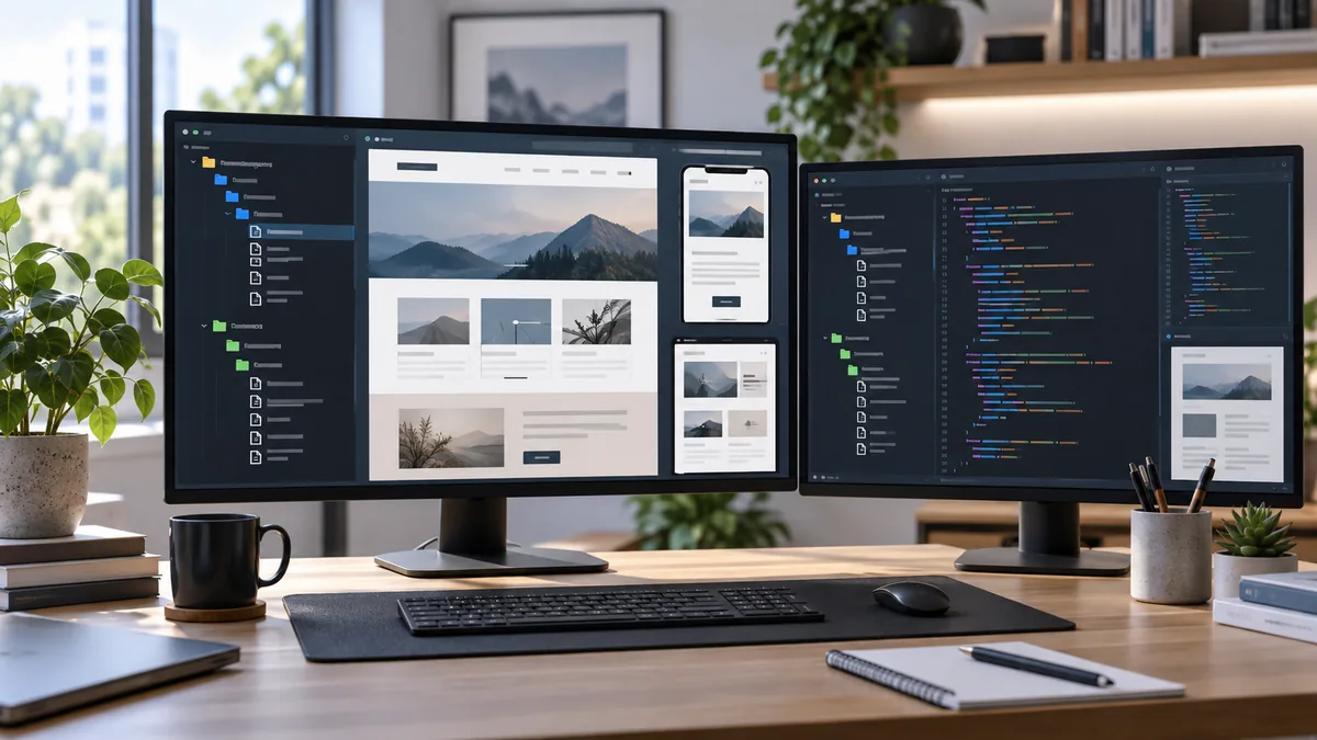 Clean web development workspace showing layered website theme files and code structure on computer screens, no text, no characters, no logos or copyrighted brands