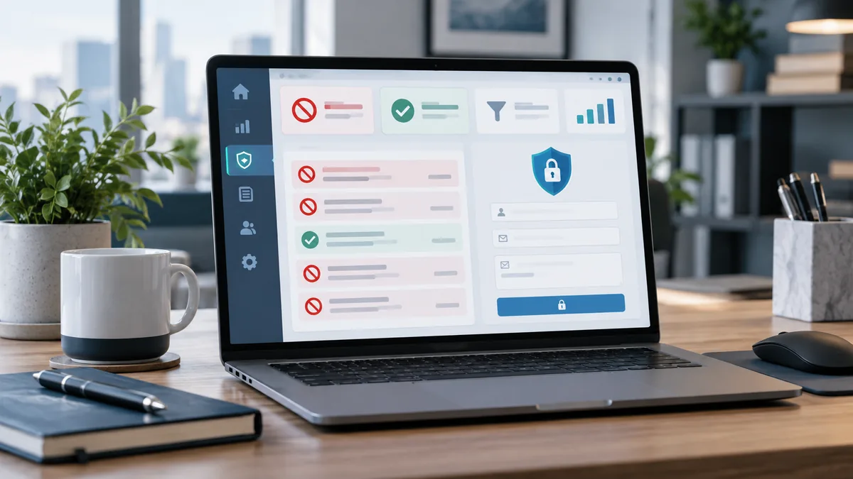 Clean website security workspace showing blocked spam submissions and protected web forms, no text, no characters, no logos or copyrighted brands