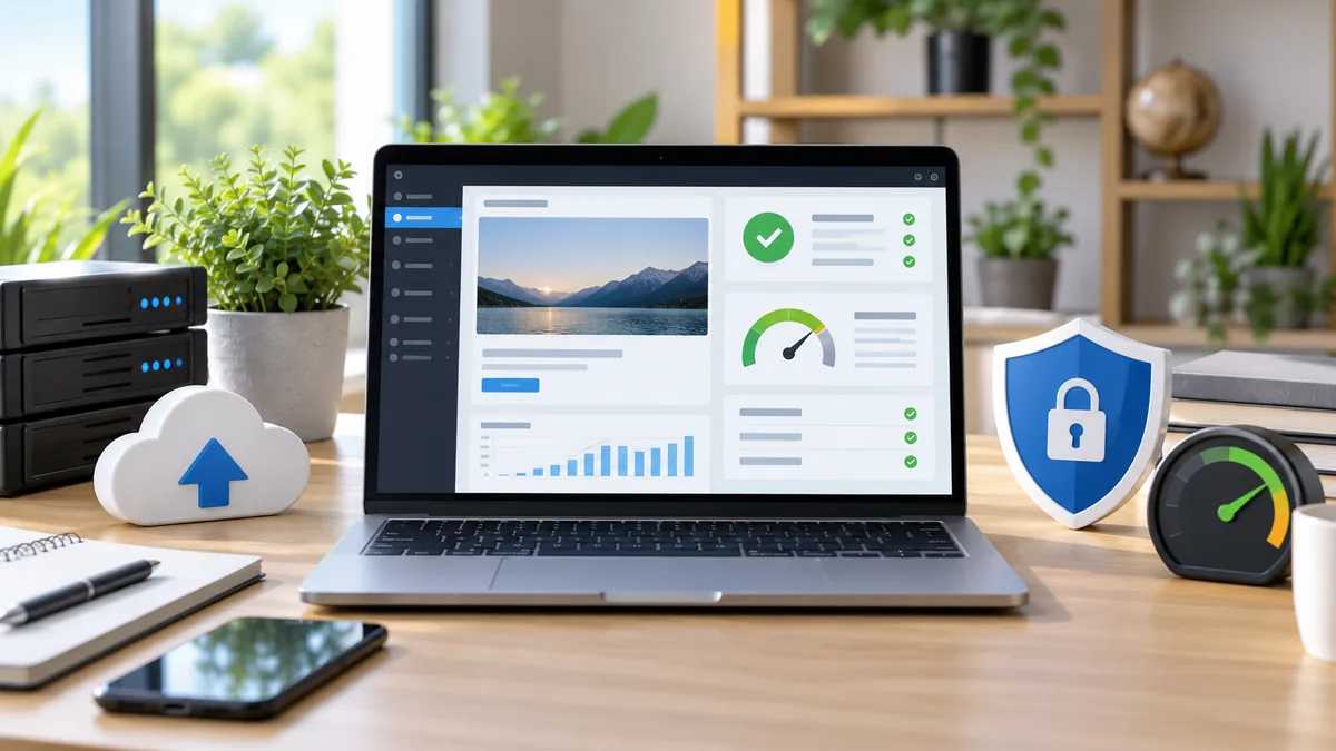 Clean WordPress website maintenance workspace with laptop server dashboard backup storage and performance monitoring screens, no text, no characters, no logos or copyrighted brands