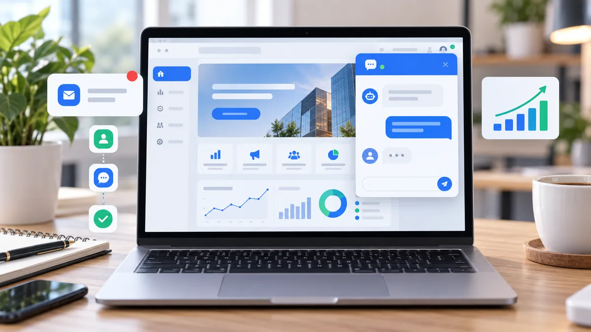 Modern business website on laptop with floating chat interface and customer communication dashboard, no text, no characters, no logos or copyrighted brands