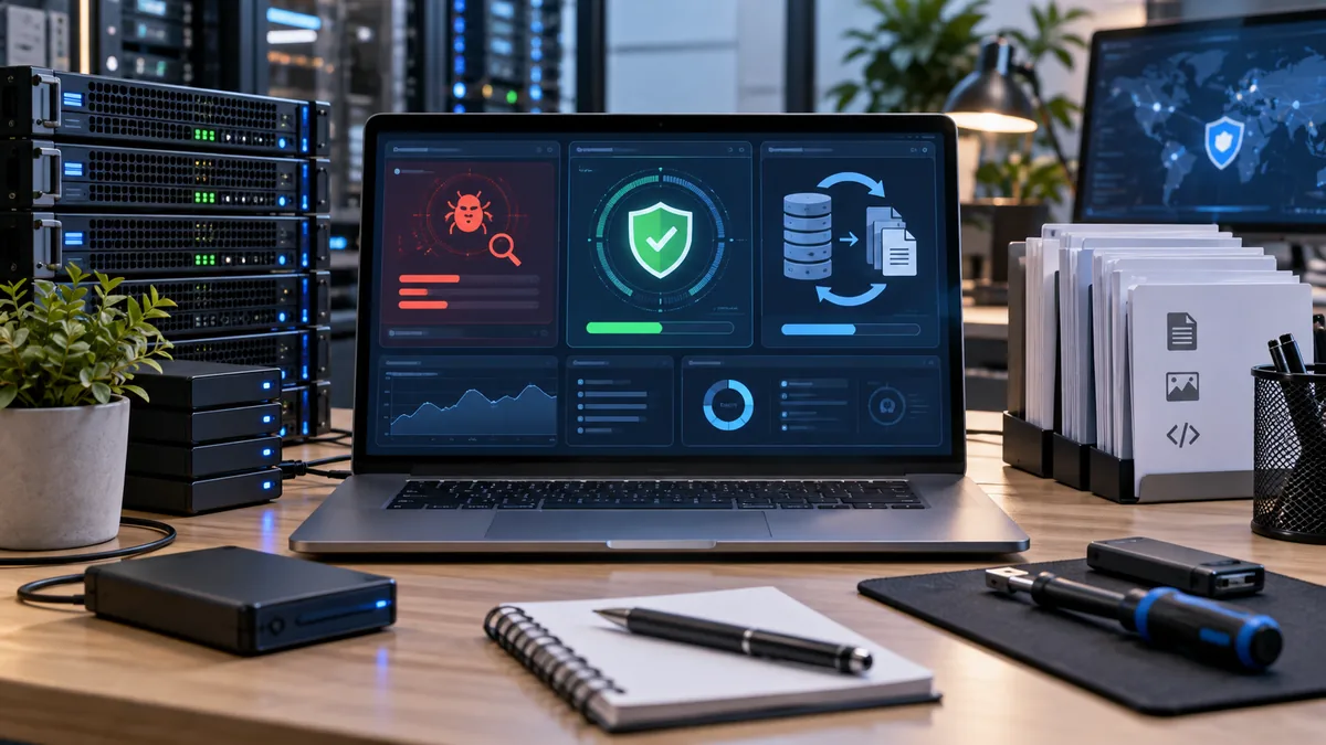 Compromised website security recovery workspace with laptop server files backup drive and cybersecurity tools, no text, no characters, no logos or copyrighted brands