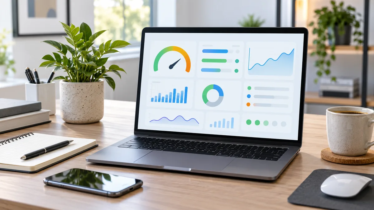 Website performance analysis workspace with laptop showing generic speed charts and loading metrics, no text, no characters, no logos or copyrighted brands