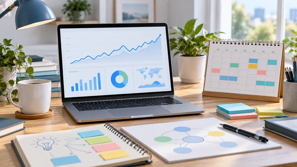 SEO content planning workspace with trend charts calendar and keyword research notes, no text, no characters, no logos or copyrighted brands