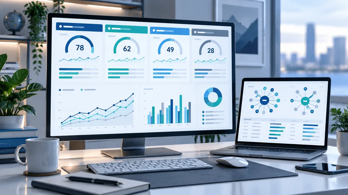 SEO analytics dashboard concept comparing website authority metrics and backlink strength on computer screens no text no characters no logos or copyrighted brands