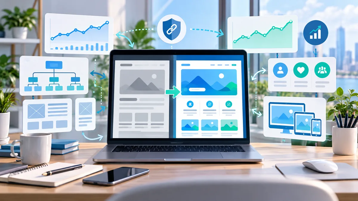 Professional website migration planning workspace with page hierarchy diagrams analytics charts and redirect mapping concept, no text, no characters, no logos or copyrighted brands