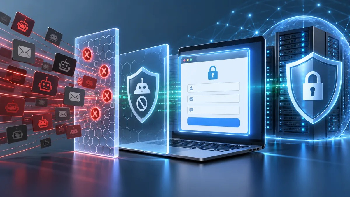 Layered website protection with secure form gateway bot filtering and server shield, no text, no characters, no logos or copyrighted brands