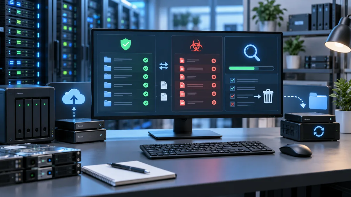 Clean server file comparison and malware removal concept with organized folders backup storage and security scanner, no text, no characters, no logos or copyrighted brands