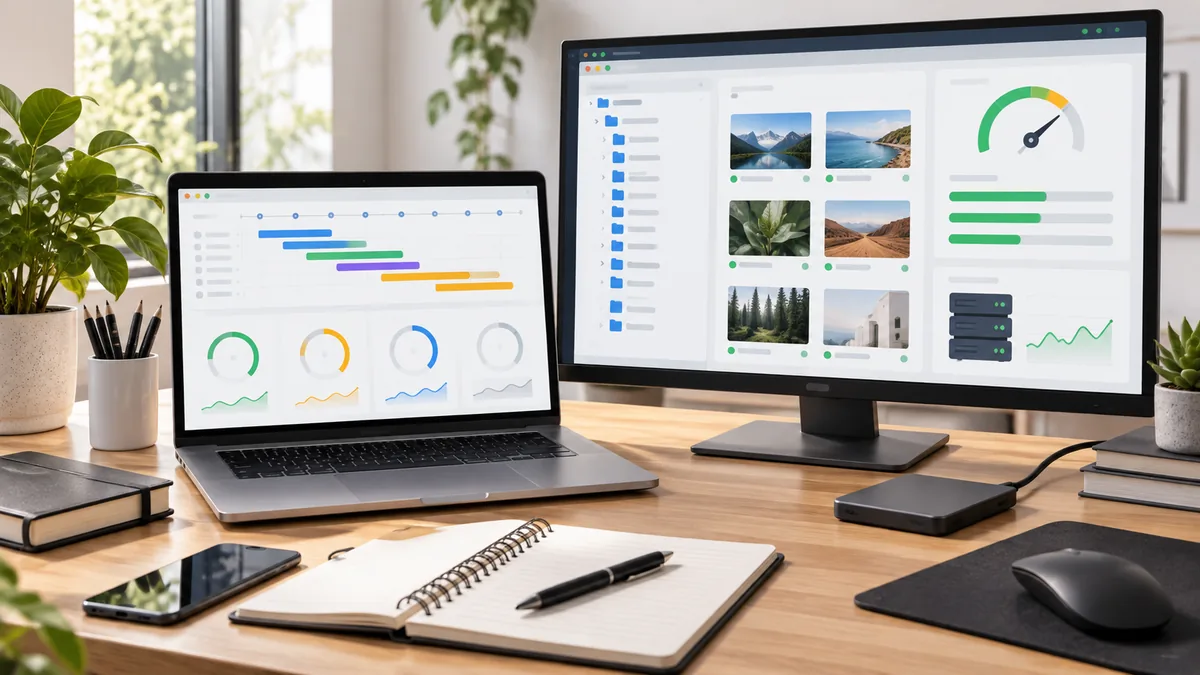 Clean web optimization workspace with loading timeline charts server files image assets and performance diagnostics, no text, no characters, no logos or copyrighted brands