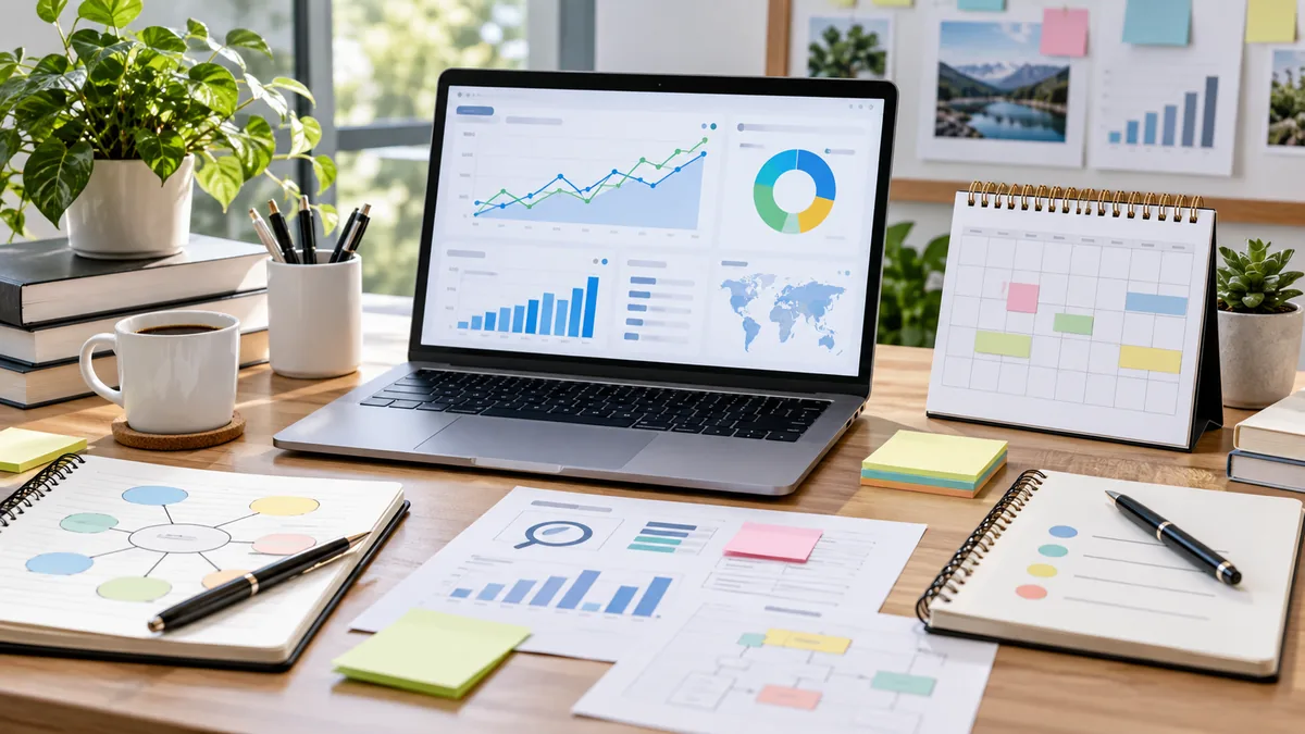 Seasonal SEO planning calendar with abstract search trend curves and content schedule, no text, no characters, no logos or copyrighted brands