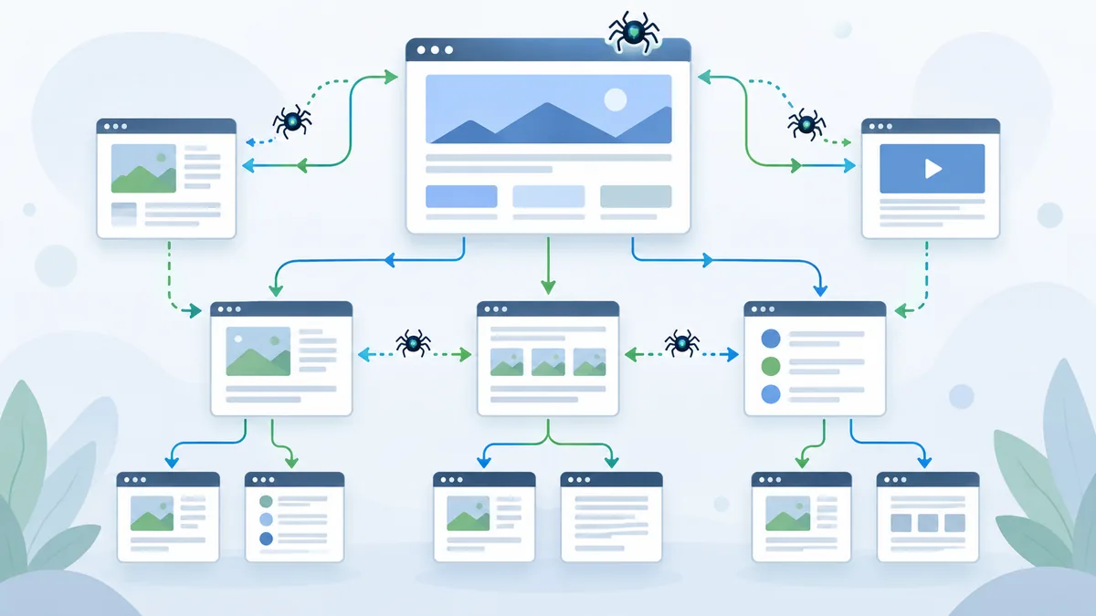 Website architecture with interconnected content pages and search crawler pathways, no text, no characters, no logos or copyrighted brands