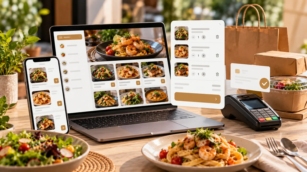 Online restaurant ordering workflow with food menu cards shopping cart payment device and takeaway packaging on a clean table, no text, no characters, no logos or copyrighted brands