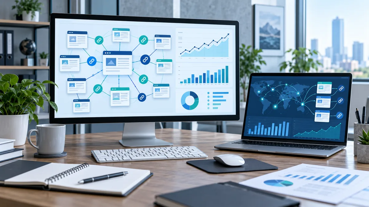 Professional SEO backlink analysis workspace showing connected websites organic traffic charts and link relationships no text no characters no logos or copyrighted brands