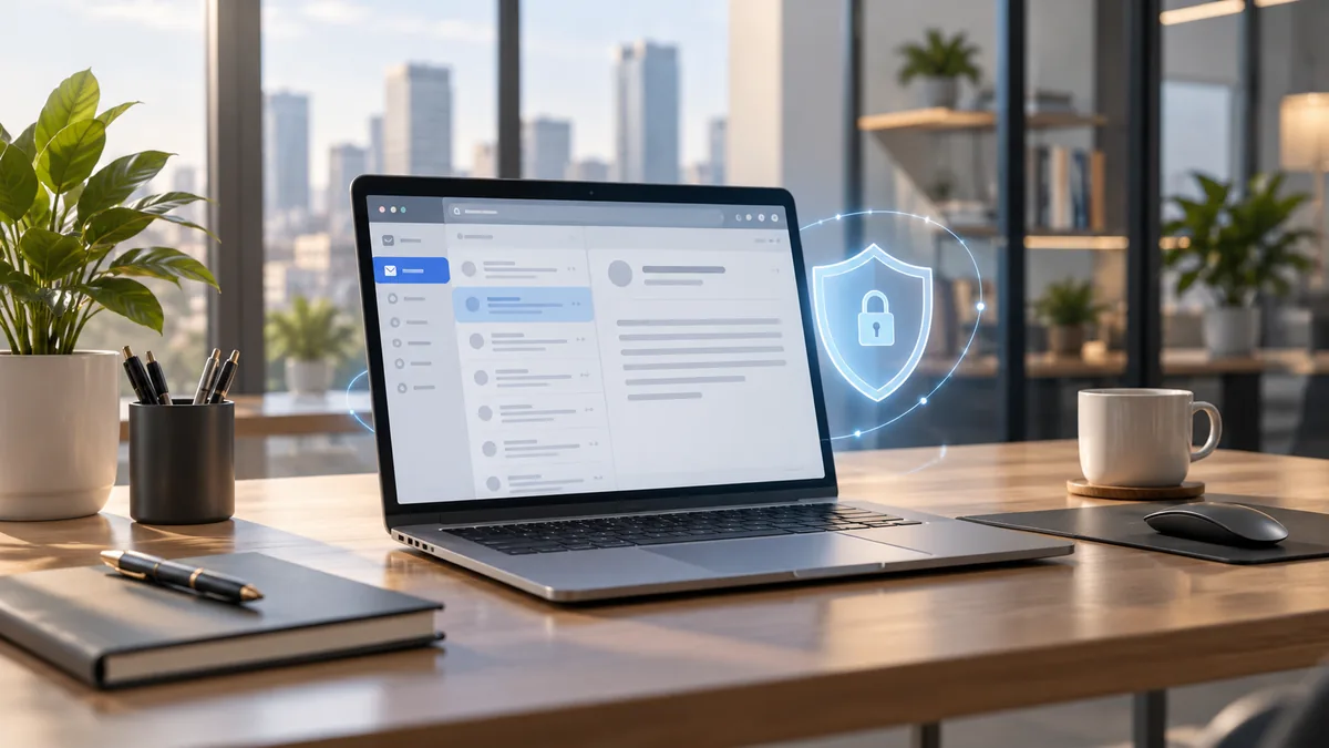 Photorealistic modern office desk with laptop displaying abstract email interface, subtle digital security atmosphere, soft natural lighting, clean professional workspace, no readable text, no logos, no copyrighted characters