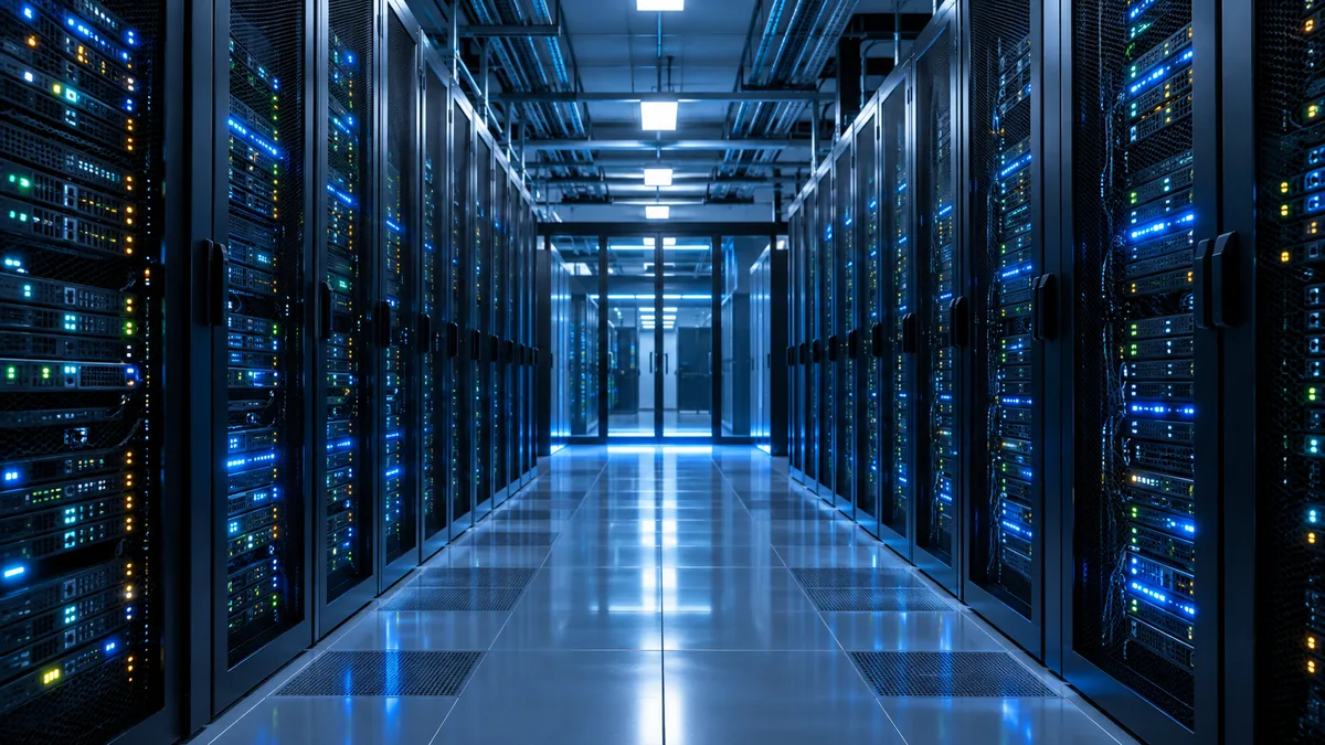 Photorealistic modern server room with rows of illuminated server racks, subtle blue ambient lighting, professional data center environment, cinematic wide composition, no text, no logos, no copyrighted characters