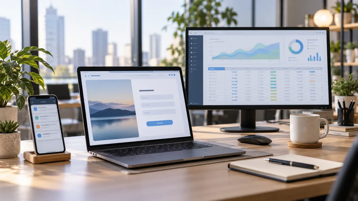 Photorealistic modern office workspace with laptop displaying an abstract website contact form, smartphone showing a generic notification interface, and spreadsheet-like dashboard on a second monitor, soft natural lighting, no readable text, no logos, no copyrighted characters