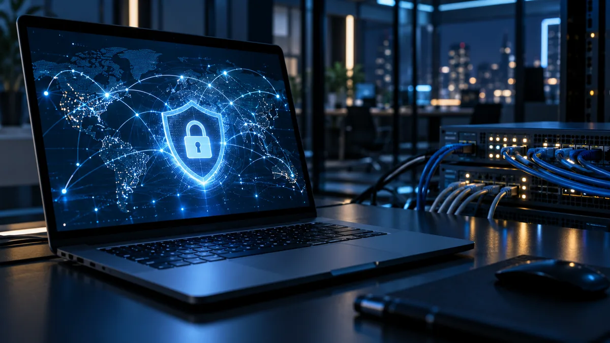 Photorealistic close-up of laptop and networking equipment in a modern office, abstract cybersecurity visualization with subtle glowing connection lines, dark blue ambient lighting, no text, no logos, no branded elements