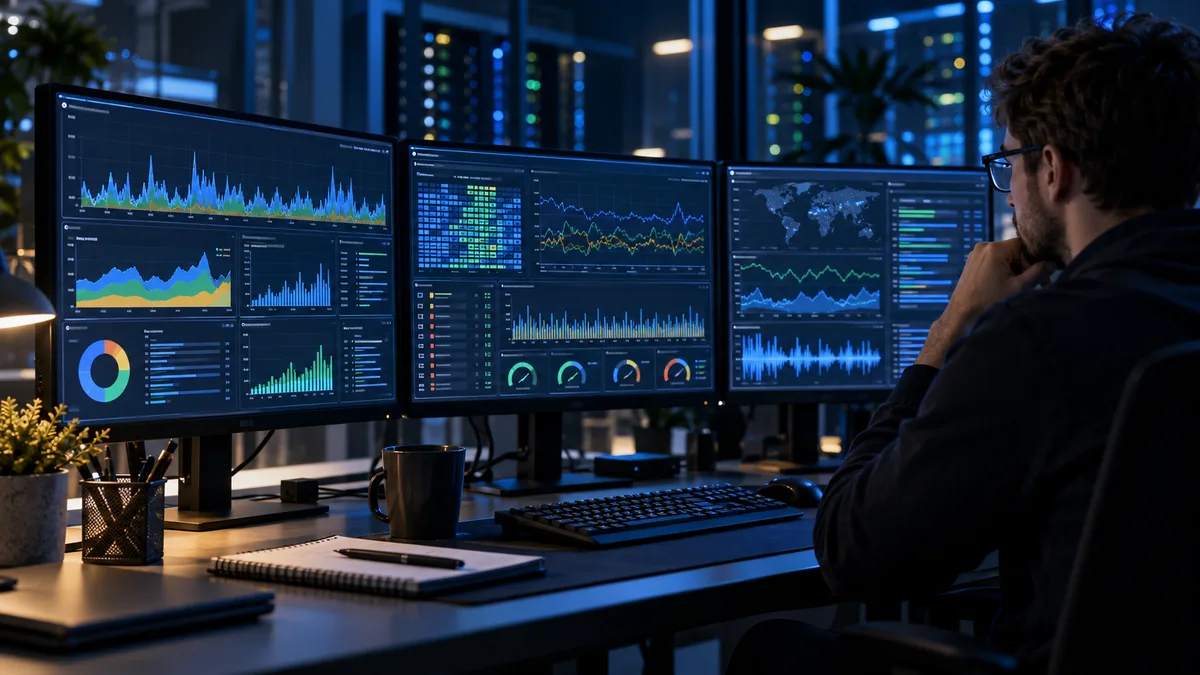 Photorealistic close-up of a system administrator workstation with multiple monitors showing abstract server performance charts and monitoring graphs, dark blue professional office atmosphere, no readable text, no logos, no copyrighted characters