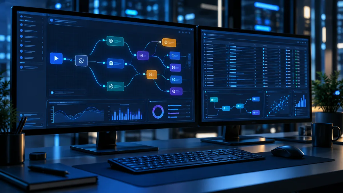 Photorealistic close-up of a professional dual-monitor workstation showing abstract workflow automation nodes connected by glowing lines and a spreadsheet-style data grid, dark blue ambient lighting, clean technology environment, no readable text, no logos, no copyrighted characters